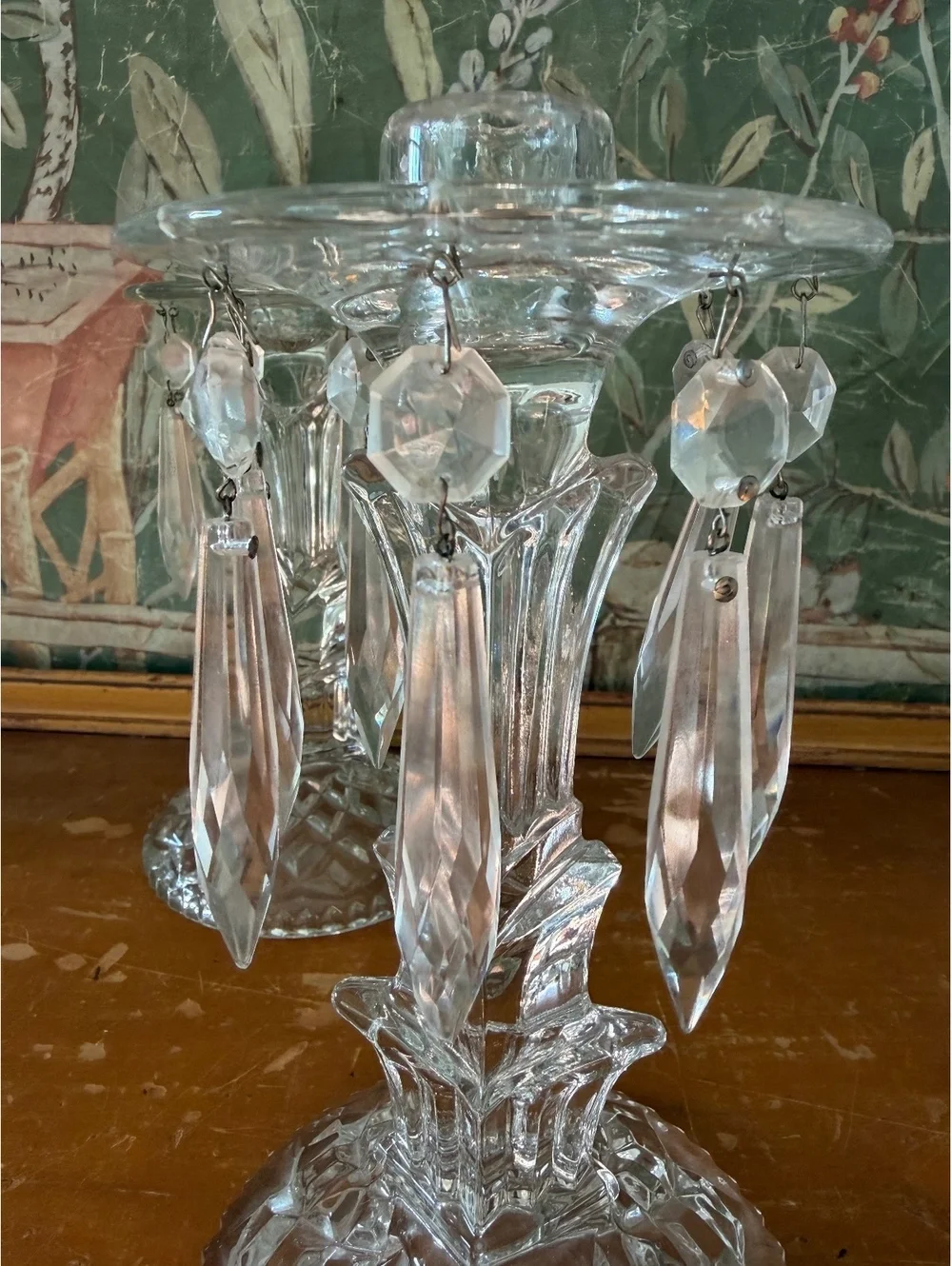 Pair of Vintage Glass Candelabra Candle Holders with Hanging Prisms